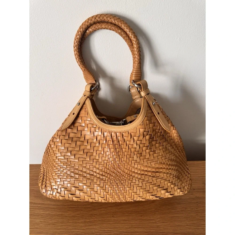 Cole Haan Genevieve Optical Weave Tan Leather Hobo Shoulder Bag Handbag